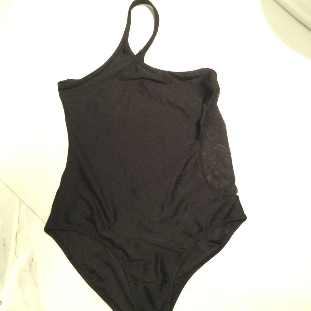 Black One Piece with mesh  side and back asymmetrical swimsuit